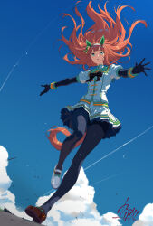  1girl animal_ears asymmetrical_footwear black_bow black_gloves black_pantyhose blue_eyes blue_sky blunt_bangs blush bow clouds commentary ear_covers gloves green_eyes green_sailor_collar hair_ornament hairband highres hime_cut horse_ears horse_girl horse_tail kibidango_14-gou long_hair long_sleeves mismatched_footwear orange_hair orange_tail outdoors pantyhose parted_lips pleated_skirt sailor_collar shirt shoes silence_suzuka_(innocent_silence)_(umamusume) silence_suzuka_(umamusume) skirt sky solo symbol-only_commentary tail umamusume white_hairband white_shirt white_skirt 