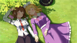  2girls absurdres black_hat black_skirt blonde_hair blurry blush bow brown_hair buttons check_commentary chinese_commentary closed_eyes closed_mouth collared_dress collared_shirt commentary commentary_request contrast_collar dress dress_ribbon earphones frilled_dress frills grass hair_between_eyes hair_bow hand_on_own_leg hat hat_bow highres holding_hands listening_to_music long_dress long_sleeves lying maribel_hearn mob_cap multiple_girls on_back on_grass phone purple_dress red_ribbon ribbon ribbon-trimmed_shirt ribbon_trim shadow shared_earphones shiro_(user_1048334293) shirt short_hair skirt sleeve_garter smile touhou tree untucked_shirt unworn_headwear usami_renko white_bow white_hat white_shirt yuri 
