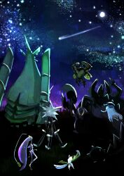  arms_up buzzwole celesteela commentary_request floating from_behind guzzlord insect_wings kartana muscular night nihilego outdoors pheromosa pokemon pokemon_(creature) pokemon_focus rayman_limbs shooting_star sky star_(sky) starry_sky wings xurkitree yorunogaitou 