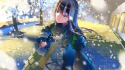  1girl black_choker black_dress black_hair blue_eyes camera choker closed_mouth dress grey_streaks highres holding holding_camera hololive hololive_dev_is juufuutei_raden juufuutei_raden_(1st_costume) jw_2140 lace-trimmed_choker lace_trim long_hair looking_to_the_side multicolored_hair outdoors smile snow snowing solo streaked_hair virtual_youtuber winter 