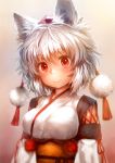  1girl animal_ears detached_sleeves face hat highres inubashiri_momiji looking_at_viewer matsuda_(matsukichi) messy_hair red_eyes short_hair smile solo tokin_hat touhou white_hair wolf_ears 