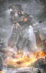  cherno_alpha city damaged explosion fire gun helicopter helmet highres light machine_gun mecha military military_vehicle pacific_rim russian science_fiction snow snowing soldier solo tank vehicle weapon 