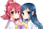  2girls aida_mana blue_eyes blue_hair blush bust dokidoki!_precure half_updo hishikawa_rikka holding_hands interlocked_fingers long_hair looking_at_viewer multiple_girls pink_eyes pink_hair precure school_uniform shiho_(acoram) short_hair simple_background smile white_background 