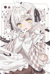  1girl :o ? animal_on_head apron bird bird_on_head black_ribbon black_skirt coffee commentary_request cowboy_shot cup food frilled_apron frills grey_background hair_ornament hair_ribbon hairclip japanese_clothes kamachi_(kamati0maru) kimono lace-trimmed_sleeves lace_trim light_blush lolita_fashion long-tailed_tit long_sleeves looking_at_viewer mochi on_head open_mouth original parallel_hairclips pleated_skirt ribbon short_hair skirt solo teacup tit_(bird) triangle_hair_ornament two_side_up wa_lolita white_apron white_bird white_hair wide_sleeves yellow_eyes yukata 