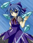  1girl blue_eyes blue_hair bow cirno doll_joints hair_bow hand_on_hip looking_at_viewer mitukihiro short_hair solo touhou 