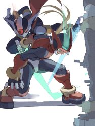 2boys absurdres android armor blonde_hair commentary_request energy_sword forehead_jewel full_body green_eyes helmet hidden_phantom_(mega_man) highres holding holding_weapon hologram long_hair male_focus mega_man_(series) mega_man_zero_(series) multiple_boys ninja omochi_(mochi_skymega) red_armor red_eyes red_helmet red_scarf scarf simple_background sword weapon white_background z_saber zero(z)_(mega_man) zero_(mega_man) 