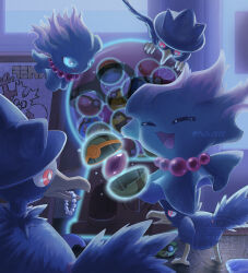  :d beads bright_pupils closed_eyes commentary_request delibird dusk_ball dusk_stone evolution_stone fuju1012 glowing glowing_eyes highres misdreavus mouth_hold murkrow no_humans open_mouth poke_ball pokemon pokemon_(creature) pokemon_focus red_eyes smile tongue watermark white_pupils 