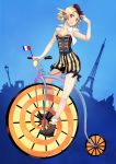  1girl absurdres beret bicycle blonde_hair blue_background bow cityscape eiffel_tower flag france french_flag hair_rings hat highres looking_at_viewer nekozumi original parted_lips smile solo striped tagme violet_eyes 