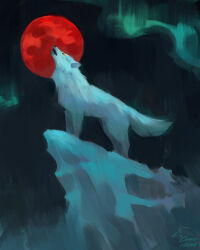  animal animal_focus aurora cliff commentary corvushound english_commentary full_body full_moon highres howling kiba moon night no_humans orange_eyes red_moon signature solo white_wolf wolf wolf's_rain 