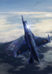  above_clouds aircraft airplane bird blue_sky clouds commentary_request contrail day fighter_jet flying high_up highres japan_self-defense_force lens_flare military military_vehicle missile mitsubishi_aam-3 mitsubishi_f-2 mount_fuji mountain no_humans original scenery sky timmyyen vehicle_focus volcano 