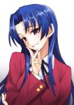  1girl blue_hair blush kawashima_ami long_hair looking_at_viewer matsuryuu school_uniform simple_background smile solo toradora! violet_eyes 