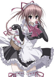  1girl absurdres apron basket black_dress black_gloves blush bow bowtie braid braided_ponytail commentary_request cowboy_shot dress elbow_gloves enmaided eyes_visible_through_hair floating_hair food frilled_apron frilled_dress frilled_gloves frilled_thighhighs frills gloves hair_between_eyes hair_ribbon hands_up highres holding holding_basket holding_food huge_bow kasukasugom1 long_hair looking_at_viewer macaron maid maid_apron maid_headdress parted_lips pink_bow pink_bowtie pink_hair pink_ribbon ribbon ribbon-trimmed_gloves ribbon-trimmed_thighhighs ribbon_trim sakura_no_uta short_dress sidelocks simple_background sleeveless sleeveless_dress solo thigh-highs toritani_makoto violet_eyes white_apron white_background white_thighhighs 