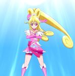  1girl aida_mana arms_crossed bike_shorts blonde_hair blue_background boots crossed_arms cure_heart dokidoki!_precure half_updo light long_hair pink_bike_shorts pink_eyes ponytail ponzu_(anagosan02) precure smile smirk solo standing 