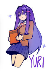  1girl book brown_cardigan cardigan character_name chinese_commentary closed_mouth collared_shirt commentary_request cropped_legs doki_doki_literature_club hair_between_eyes hair_intakes hair_ornament hairclip highres holding holding_book long_hair long_sleeves looking_ahead neck_ribbon nya8392216 pleated_skirt purple_hair purple_skirt red_ribbon ribbon shirt skirt smile solo sparkle standing violet_eyes white_shirt yuri_(doki_doki_literature_club) 