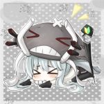  &gt;_&lt; 1girl aqua_hair bandages blush cape chibi gloves kantai_collection monster pale_skin personification rateratte shinkaisei-kan solo staff star turret wo-class_(kantai_collection) 