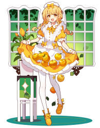  1girl apron blonde_hair blush bow breasts dress flower fujita_kotone gakuen_idolmaster ideolo idolmaster leaf maid_apron open_mouth pantyhose shoes white_pantyhose window yellow_bow yellow_dress yellow_eyes yellow_flower yellow_shoes 