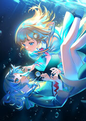  2girls absurdres blonde_hair blue_eyes blue_hoodie blue_streaks brown_coat closed_mouth coat collared_shirt commentary english_commentary fluffycatfish gawr_gura gawr_gura_(1st_costume) grey_hair highres hololive hololive_english hood hoodie light_smile long_sleeves looking_at_another medium_hair multiple_girls necktie no_pants parted_lips pocket_watch red_necktie shark_girl shirt shoes short_necktie sneakers two_side_up underwater virtual_youtuber watch watson_amelia watson_amelia_(1st_costume) white_shirt white_shoes wide_sleeves 