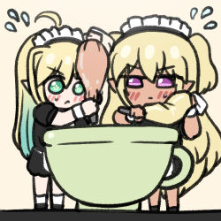  2girls ahoge alternate_costume blonde_hair chibi clooliss colored_inner_hair commentary_request cup dark-skinned_female dark_elf dark_elven_forest_ranger dark_skin elf elven_forest_maker flying_sweatdrops gradient_hair green_eyes green_hair korean_commentary last_origin maid maid_headdress mini_person minigirl multicolored_hair multiple_girls pastry_bag pointy_ears simple_background star-shaped_pupils star_(symbol) symbol-shaped_pupils two_side_up violet_eyes 