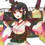  1girl black_hair blush breasts cannon cherry_blossoms detached_sleeves japanese_clothes kantai_collection miko open_mouth personification portrait red_eyes ringetsumon short_hair skirt solo turret yamashiro_(kantai_collection) 