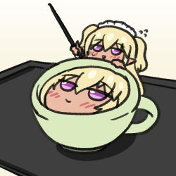  1girl alternate_costume blonde_hair chibi clooliss commentary_request cup dark-skinned_female dark_elf dark_elven_forest_ranger dark_skin elf flying_sweatdrops korean_commentary last_origin maid maid_headdress mini_person minigirl pointy_ears simple_background smile solo stick tray triangle_mouth two_side_up violet_eyes 