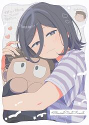  1boy 1other angel_martinez blue_eyes blue_hair blush border character_doll chibi chibi_inset clinical_trial_(game) doll grid_background hair_between_eyes half-closed_eyes hashtag heart highres hugging_doll hugging_object jitome lee_smith looking_at_viewer pminthama shirt short_sleeves smile striped_clothes striped_shirt t-shirt translation_request twitter_username upper_body 