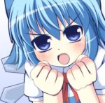  1girl blue_dress blue_eyes blue_hair bust cirno dress face fang hair_ribbon ice ice_wings masiromu open_mouth puffy_sleeves ribbon shirt short_sleeves solo touhou wings 