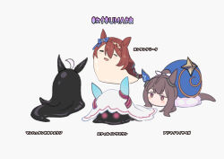  admire_vega_(umamusume) animal_ears brown_hair doushi_tatsu_to_dekkai_no ear_covers grey_background highres horse_ears horse_girl kantan_creek manhattan_cafe_(umamusume) simple_background single_ear_cover snail still_in_love_(umamusume) super_creek_(umamusume) umamusume umamusume:_cinderella_gray veil white_veil 