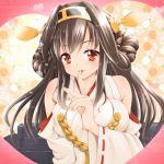  1girl ahoge breasts brown_eyes brown_hair detached_sleeves double_bun hair_ornament hairband headgear heart japanese_clothes kantai_collection kongou_(kantai_collection) long_hair looking_at_viewer miko parted_lips personification sinnosuke smile solo 