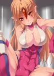  1girl alternate_costume blonde_hair breasts cleavage collarbone horn hoshiguma_yuugi large_breasts leotard long_hair looking_at_viewer pink_legwear pointy_ears red_eyes solo suikamaru sweat thighhighs touhou very_long_hair wrestling_outfit 