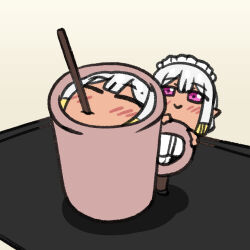  1girl alternate_costume breasts chibi clooliss closed_eyes commentary_request cup dark-skinned_female dark_elf dark_skin elf food food_in_mouth hathor_(last_origin) korean_commentary large_breasts last_origin maid maid_headdress mini_person minigirl mug pocky pocky_in_mouth pointy_ears simple_background smile solo tray violet_eyes white_hair 