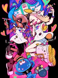  2boys 2girls big_man_(splatoon) black_boots black_leggings blonde_hair blue_shorts boots bright_pupils cephalopod_eyes colorful commentary_request cup dark-skinned_female dark_skin fish flat_chest food frye_(splatoon) full_body grin hair_ribbon halftone hat heart highres holding holding_food holding_ice_cream ice_cream ice_cream_cone inkling jellyfish jelonzo_(splatoon) jumping keijou_(cave) leggings licking_lips looking_at_viewer manta_ray multiple_boys multiple_girls octoling one_eye_closed pink_hair ribbon salmonid shirt shiver_(splatoon) short_hair shorts smallfry_(splatoon) smile splatoon_(series) splatoon_3 star-shaped_pupils star_(symbol) symbol-shaped_pupils tentacle_hair tongue tongue_out white_boots white_pupils white_shirt yellow_eyes 