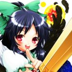  1girl arm_cannon black_hair blush bow cape feathers hair_bow long_hair open_mouth pointing red_eyes reiuji_utsuho smile touhou weapon wings 