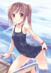  1girl adjusting_clothes adjusting_swimsuit barefoot blush brown_eyes brown_hair hair_ornament hairclip kyuri one-piece_tan original ponytail pool pool_ladder school_swimsuit smile solo swimsuit tan tanline wet 