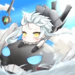  1girl aqua_hair blue_eyes cape chibi clouds gloves glowing glowing_eyes kantai_collection monster motion_blur pale_skin personification rateratte shinkaisei-kan sky solo staff sweatdrop turret water wo-class_(kantai_collection) yellow_eyes 
