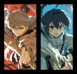  1boy 1other ahoge amulet androgynous archer_(fate/samurai_remnant) archery arrow_(projectile) black_border black_hair black_hanfu blonde_hair blue_background border bow_(weapon) bracelet braid chinese_clothes chinese_hairpin fate/samurai_remnant fate_(series) grey_hair hair_intakes hair_ornament hanfu high_ponytail highres holding holding_arrow holding_bow_(weapon) holding_sword holding_weapon jewelry long_braid multicolored_hair open_mouth orange_eyes ponytail red_background sidelocks single_braid smile streaked_hair sword tassel tassel_hair_ornament toramaru_(696anna) weapon white_hanfu xiao_guan_(headdress) yamato_takeru_(fate) 