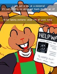  1girl :d ^_^ absurdres animal_nose antlers asepriterico black_shirt blonde_hair buck_teeth checkered_sweater_vest closed_eyes clouds cloudy_sky deltarune english_text facing_viewer five_nights_at_freddy's five_nights_at_freddy's_1 freckles freddy_fazbear highres holding holding_paper horns long_hair noelle_holiday open_mouth outdoors paper portrait reindeer_antlers reindeer_girl shirt sky smile snapchat solo teeth two-tone_sweater_vest utdr_(toby_fox) 