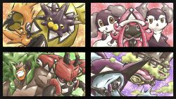  black_border border bright_pupils brown_eyes claws commentary_request face_piercing fangs galarian_weezing gas grin hands_on_own_hips highres horns indeedee indeedee_(female) indeedee_(male) ken_hollow multicolored_eyes multiple_heads nose_piercing nose_ring open_mouth orange_eyes piercing pincurchin pokemon pokemon_(creature) pokemon_focus rillaboom smile spikes tapu_bulu tapu_fini tapu_koko tapu_lele teeth trait_connection white_pupils yellow_eyes 