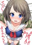  1girl blue_eyes blush breasts brown_hair cleavage from_above gloves hair_ribbon hands_on_hips headgear kantai_collection konoma large_breasts looking_at_viewer maya_(kantai_collection) open_mouth personification ribbon sailor_dress short_hair solo 