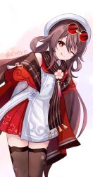  1girl artist_name bare_shoulders beret bright_pupils brown_hair brown_thighhighs cape closed_mouth clothing_cutout cowboy_shot dress eyewear_on_head floral_print flower flower-shaped_pupils flower_ornament genshin_impact gradient_hair hair_rings hat highres hu_tao_(cherries_snow-laden)_(genshin_impact) hu_tao_(genshin_impact) kure~pu long_hair long_sleeves looking_at_viewer low_twintails multicolored_hair official_alternate_costume one_eye_closed pink_flower red-tinted_eyewear red_cape red_dress red_eyes red_hair shoulder_cutout sidelocks simple_background smile solo standing sunglasses symbol-shaped_pupils tassel thigh-highs tinted_eyewear tongue tongue_out twintails two-tone_dress white_background white_dress white_hat white_pupils yellow-framed_eyewear 