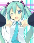  1girl aqua_eyes aqua_hair detached_sleeves foreshortening hatsune_miku headset long_hair necktie open_mouth outstretched_arms solo sutorora twintails vocaloid wink 