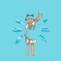  1girl :d arm_up barefoot blue_background blue_bow blue_dress blue_eyes blue_hair bow cirno detached_wings dress fairy flower full_body hair_bow hand_on_own_hip hidden_star_in_four_seasons highres ice ice_wings looking_at_viewer matsumoto_oka morning_glory neck_flower open_mouth outstretched_arm outstretched_hand plant short_hair short_sleeves simple_background smile solo spread_fingers straight-on sunflower tan tanned_cirno touhou vines wings 