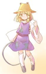  1girl animal_print blonde_hair brown_hat commentary_request frog_print full_body hair_ribbon hand_up hat holding holding_jewelry holding_ring jewelry kneehighs long_sleeves medium_hair moriya's_iron_rings moriya_suwako one-hour_drawing_challenge purple_skirt purple_vest rangycrow red_ribbon ribbon ring shirt sidelocks skirt socks solo touhou vest white_shirt white_socks 