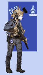  1girl absurdres ammunition_pouch animal_ear_fluff animal_ears assault_rifle belt black_boots blonde_hair blue_archive blue_halo blue_suit boots bulletproof_vest combat_helmet commentary_request eotech fox_ears fox_girl furrowed_brow gloves gun h&amp;k_hk416 h&amp;k_usp halo handgun handle headphones helmet highres holding holding_gun holding_weapon holster id_card kanna_(blue_archive) korean_commentary laser_sight looking_around microphone military military_combat_uniform military_uniform night_vision_device odi original pouch rifle solo standing suit suppressor tactical_clothes trigger_discipline weapon yellow_gloves 
