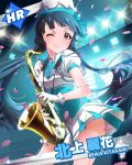  1girl ;) blue_hair brown_eyes character_name gloves hat idolmaster idolmaster_million_live! instrument kitakami_reika long_hair looking_at_viewer official_art petals saxophone skirt stage_lights twintails uniform wink 