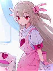  1girl amemiya_shirone apron arms_behind_back brown_hair closed_mouth commentary_request curtains dress hair_between_eyes hair_ornament hat heart highres long_hair looking_at_viewer natori_sana pill pink_apron pink_hat rabbit_hair_ornament red_eyes sana_channel short_sleeves solo twitter_username unworn_hat unworn_headwear virtual_youtuber watermark white_dress window 