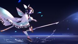  1girl artist_name black_hair black_socks blue_butterfly bug butterfly butterfly_hair_ornament demon_slayer_uniform expressionless faicha full_body hair_ornament haori holding holding_sword holding_weapon japanese_clothes katana kimetsu_no_yaiba kochou_shinobu revision sandals sheath sidelocks socks solo sword sword_writing tabi unsheathed water water_world weapon zouri 