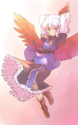  1girl arms_up black_collar black_skirt blue_shirt blue_streaks boots brown_boots collar commentary_request feathered_wings full_body gradient_background head_wings light_blush long_sleeves one-hour_drawing_challenge orange_background petticoat rangycrow red_eyes red_wings shirt sideways_glance single_head_wing skirt small_horns solo tokiko_(touhou) touhou white_hair white_sleeves wings 