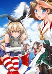  4girls :3 :d airplane blonde_hair blue_eyes boots brown_eyes brown_hair detached_sleeves hair_ornament haruna_(kantai_collection) hiei_(kantai_collection) innertube japanese_clothes kantai_collection long_hair looking_at_viewer microskirt miko multiple_girls nontraditional_miko ocean open_mouth pantyhose pleated_skirt rensouhou-chan ribbon_trim skirt sky smile striped striped_legwear thigh_boots thighhighs zettai_ryouiki zuihou_(kantai_collection) ||_|| 