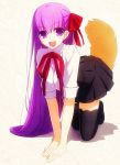  1girl all_fours aotsuki_takao bb_(fate/extra_ccc) dog_tail fang fate/extra_ccc fate_(series) hair_ribbon long_hair purple_hair ribbon solo tail thighhighs very_long_hair violet_eyes zettai_ryouiki 