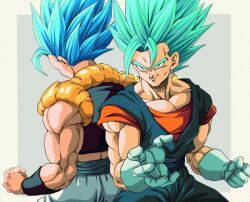  2boys back-to-back black_vest blue_eyes blue_hair blue_pants blue_sash blue_shirt border bure_(fantasticyouth7) cowboy_shot dougi dragon_ball dragon_ball_super dragon_ball_super_broly earrings gloves gogeta grey_background jewelry male_focus medium_hair multiple_boys muscular muscular_male no_shirt orange_shirt pants potara_earrings sash shirt simple_background smirk spiky_hair super_saiyan super_saiyan_blue vegetto vest white_border white_gloves white_pants 